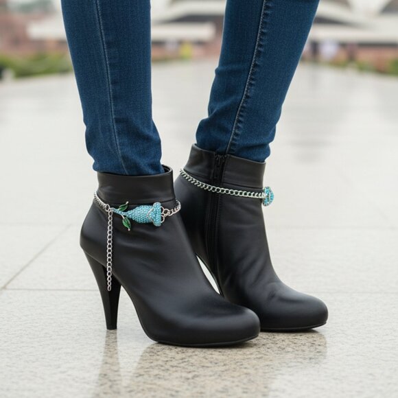 NEW Women Silver Metal Chain Boot Bracelet Shoe Anklet Sky Blue Flower Charm SET - Picture 5 of 17